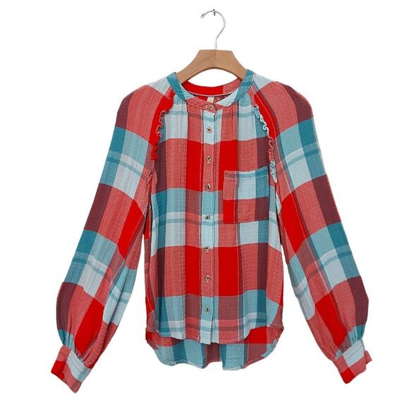 Anthropologie Pilcro Breeze Plaid Blouse Womens XS Red Blue Button Raglan Sleeve - Picture 1 of 12